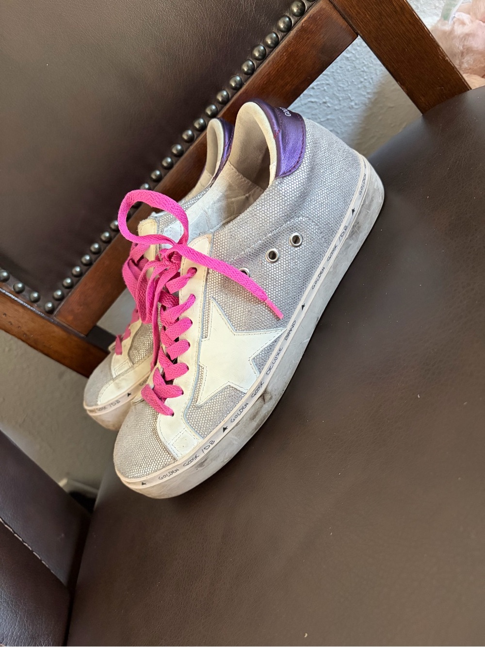 Golden Goose Silver Canvas Sneakers with Pink Laces and Purple Heel Tab